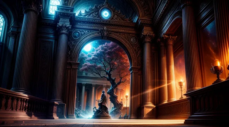 Chronos Portal, tree, galaxy, reading golden ornate book, evening, glow, sunset, fantasy landscape, ancient ruins, glowing portal, majestic tree, swirling nebula, ornate book, golden light, dramatic lighting, moody atmosphere, cinematic composition, intric...