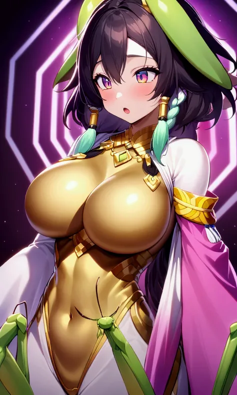 cute yuna (age 25, big breasts, portraying a sexy praying mantis furry, some gold body jewelry) she is acting sexy trying to lure a male in for a bite