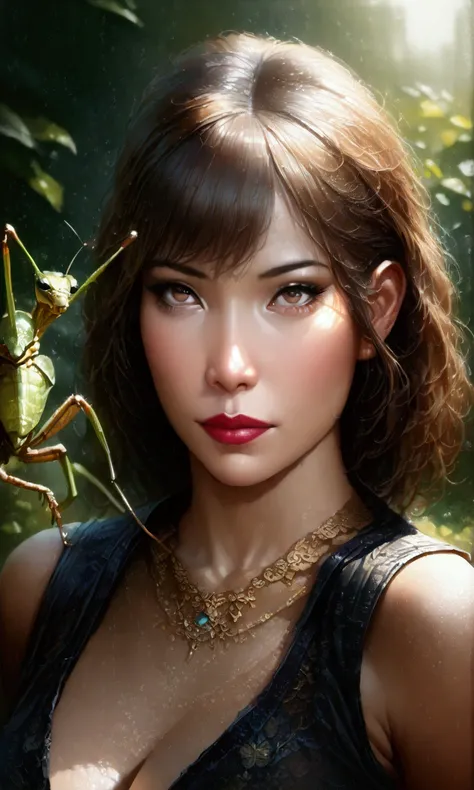 cute yuna, beautiful detailed eyes, beautiful detailed lips, extremely detailed eyes and face, longeyelashes, 1girl, furry, gold jewelry, sexy praying mantis, big breasts, portraying, acting sexy, luring, (best quality,4k,8k,highres,masterpiece:1.2),ultra-...