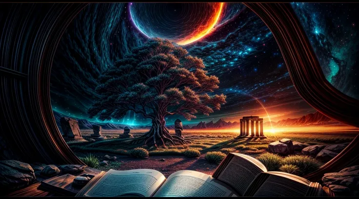 Chronos Portal, tree, galaxy, reading golden ornate book, evening, glow, sunset, fantasy landscape, ancient ruins, glowing portal, majestic tree, swirling nebula, ornate book, golden light, dramatic lighting, moody atmosphere, cinematic composition, intric...