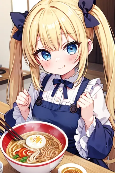 slurping ramen,highest quality,blonde with blue eyes、lolita、small breasts、twin tails、girl&#39;mischief,smile,,a ramen bowl tower...