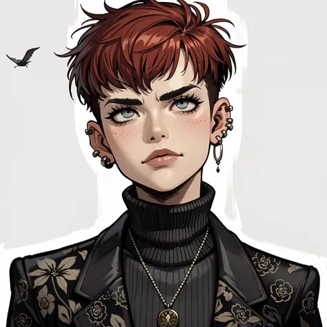 high angle,drawing by Guilty style , realistic,a young woman, 1, short red hair, blue gray eyes, athletic, turtleneck, black suit, black floral suit, black flower pattern, pendant, several ear piercings, tomboy style, streetwear,Expressions of contempt: sn...