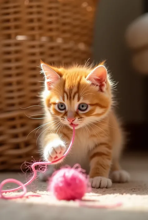 Ginger kitten plays with pink ball of thread against wicker basket. Photo in warm tones