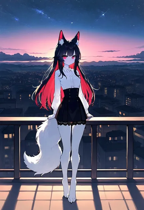 furry wolf girl, white shirt, mini skirt, lace bangs high, Long hair, two-tone hair, thin waist, small breasts , long fluffy tail, stands on the balcony, under the starry sky, smiles, animal legs, 