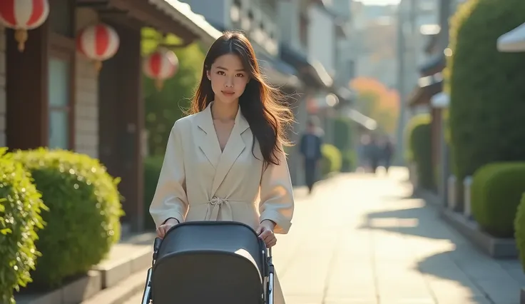 Young Japanese woman pushing a stroller, Real photo, Ultra HD, 4K