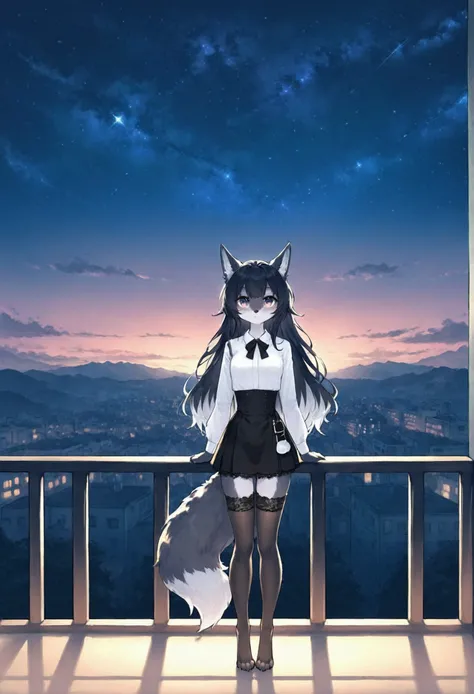 furry wolf girl, white shirt, mini skirt, lace stockings high, Long hair, two-tone hair, thin waist, small breasts , long fluffy tail, stands on the balcony, under the starry sky, smiles, animal legs,