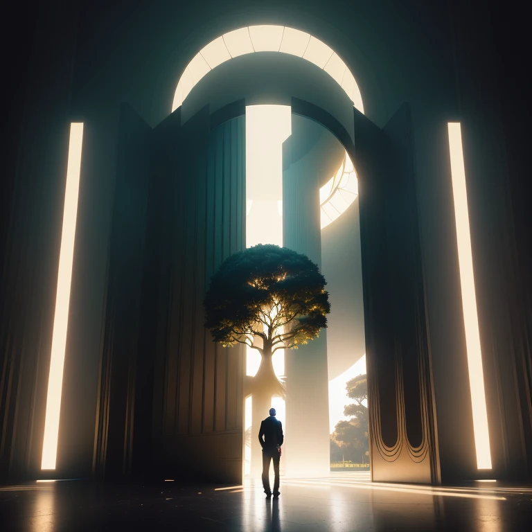 a man standing in front of a giant circular doorway with a tree, greg beeple, artgem and beeple masterpiece, beeple art, by Beeple, dimensional portal, beeple artwork, world seen only through a portal, recusion beeple, beeple masterpiece, realism | beeple,...