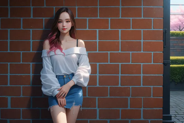 beautiful teenage girl, smiling, standing, posing near brick wall, cherry blossom trees, she has brown long wavy hair (+forehead, tea ombre hair, multicolored hair), wearing black sleeveless turtleneck - undershirt, white long sleeve off-shoulder shirt, li...