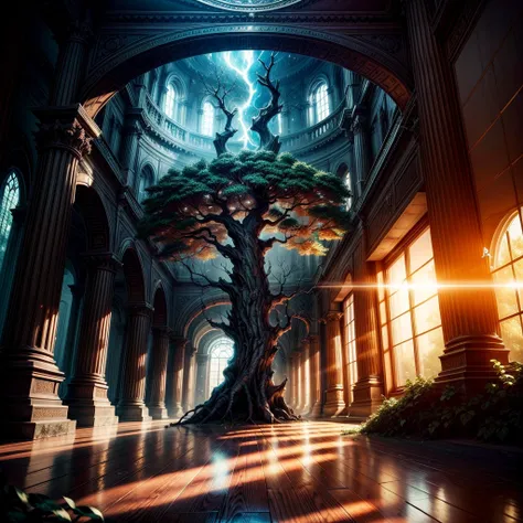 Chronos Portal, tree, galaxy, reading golden ornate book, evening, glow, sunset, fantasy landscape, ancient ruins, glowing portal, majestic tree, swirling nebula, ornate book, golden light, dramatic lighting, moody atmosphere, cinematic composition, intric...