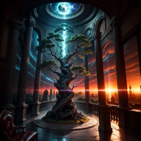 Chronos Portal, tree, galaxy, reading golden ornate book, evening, glow, sunset, fantasy landscape, ancient ruins, glowing portal, majestic tree, swirling nebula, ornate book, golden light, dramatic lighting, moody atmosphere, cinematic composition, intric...