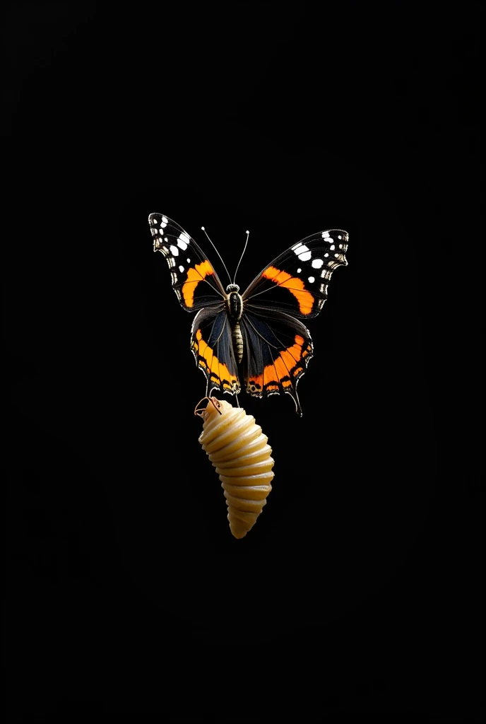 Create a black background image of a butterfly emerging from its cocoon, I want a beautiful butterfly with big orange and black wings, close to its cocoon, I want a realistic image 