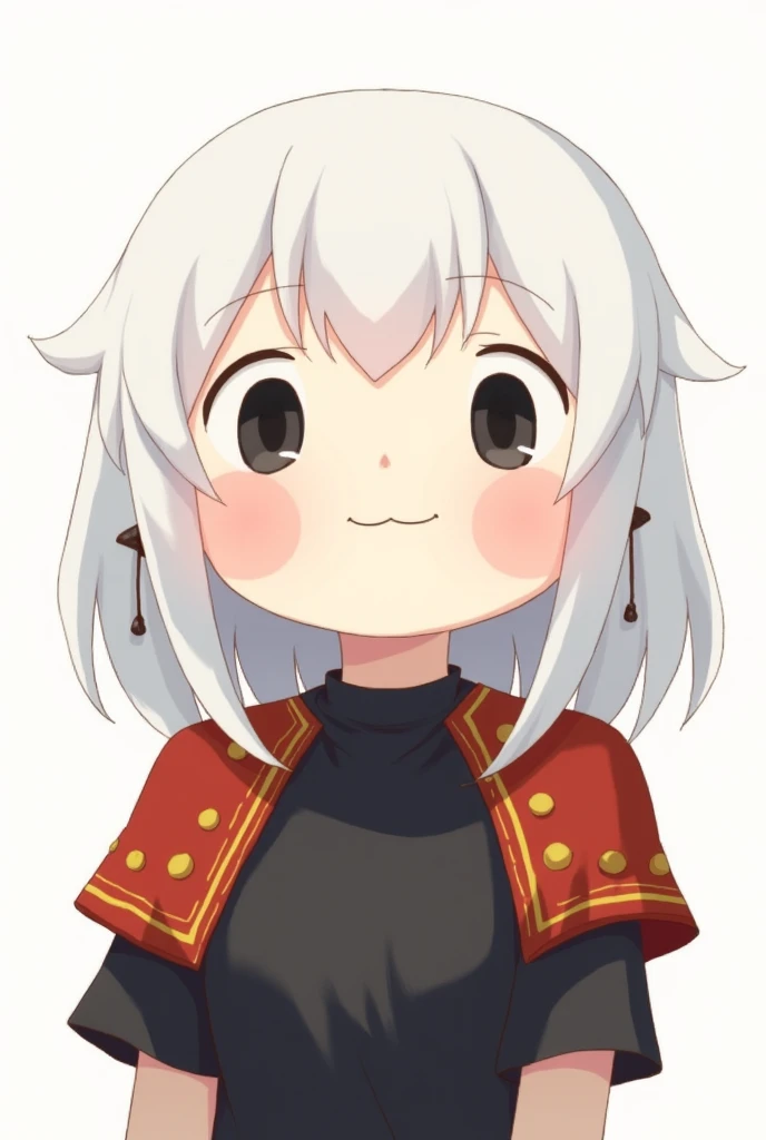 A figure of a girl with a round head and two chibi-shaped black dots as eyes, two pink ovals like blush on her cheeks, a smile on her mouth and her white hair disheveled and reaching down to her shoulders, A black shirt with medieval-style red shoulder pad...