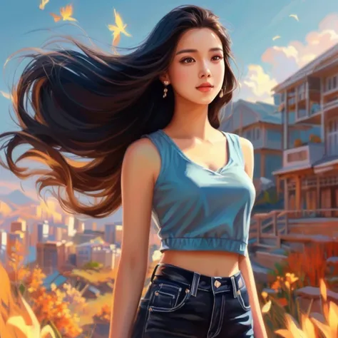 A long-haired woman in a white shirt stands in front of a mountain., photoRealistic art, Realistic art, photoRealistic art style, สไตล์Realistic art, Realistic art style, Digital painting style, Beautiful digital art, Cute realistic girl painting, Realisti...