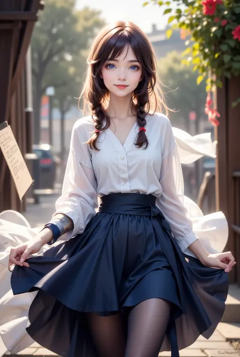 Violet Evergarden, Fair skin, Large blue eyes, Long thick eyelashes, Slim build, Medium height, Prosthetic arms, Long hair tied with a red ribbon, White shirt with a collar and wide sleeves that narrow at the cuffs, Long and fluttery blue skirt with a shor...