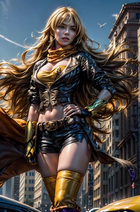 masterpiece,best quality,1girl,yang xiao long, very long hair, ahoge, purple eyes, brown jacket, yellow tube top, black shorts, black fingerless gloves, orange scarf, waist cape, midriff, cleavage, large breasts, prosthetic arm, boots, belt, ,standing,cowb...