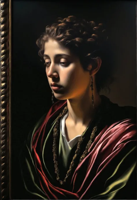 caravaggio style painting, hidden figure in the darkness, surreal, dramatic lighting, chiaroscuro, moody atmosphere, cinematic, award-winning, masterpiece, hyper-detailed, intricate textures, dark tones, rich colors, dramatic composition, oil painting, mus...