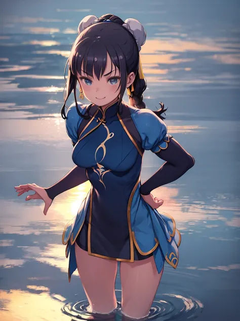 Quasi-new product,Blue clothes,Alone, Low light, Chun-Li Masterpiece, Best Quality, sour, Grey sweater, Black Leotard, Standing, looking at viewer, Black Hair,anger,smile,sunset,lake, Reflected in water, sunset