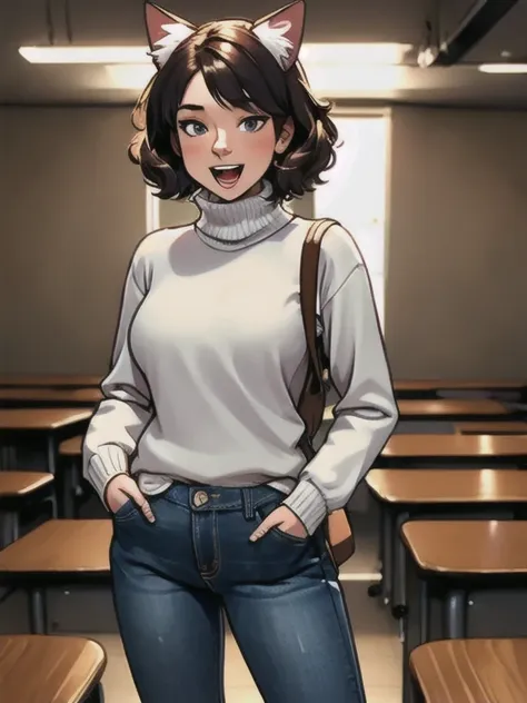 (masterpiece, best quality, ultra detailed), delicate pattern, detailed background,
1girl, solo, smile, cat ears, leaning back, sloppy room, cowboy shot, hand in pocket,
turtleneck knit, jeans pants,
open mouth, 