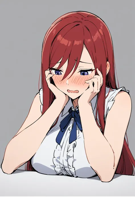 masterpiece, best quality, 1 girl, mature female, erza scarlet, red hair, long hair, sidelocks, hair between eyes, embarrassed, @ @, blush, open mouth, white shirt, collared shirt, frilled shirt, sleeveless shirt, ribbon, upper body, hands on own face, han...