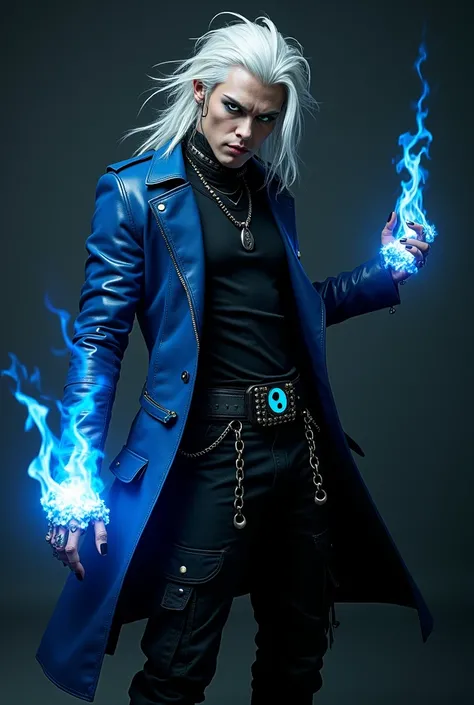 Male age 20, greman, crazy smile, gray eyes, white hair visual kei, evil eyes, long crazy smile, royal blue and black leather matrix long gabardine open, soft black t-shirt, black cargo pants, only right arm on blue flames, cyberpunk japanese style, belt w...