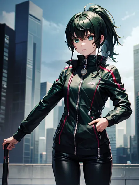 (masterpiece, Best quality, 8 k, clear focus, depth of field, BEST SHADOWS, perfect light, HDR, realistic skin texture, super detailed background), Anime style, long range shot, ((cyberpunk theme)), One, 1 woman, she is a mercenary, (Green eyes, white skin...