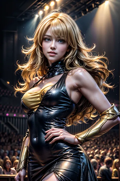 masterpiece,best quality,1girl,yang xiao long,ahoge,blonde hair, ahoge, purple eyes,large breasts, black dress,light smile,standing,cowboy shot, in theater, stage, audience, crowd, (masterpiece,stunning girlfriend, heart shaped face, elegant face, beautifu...