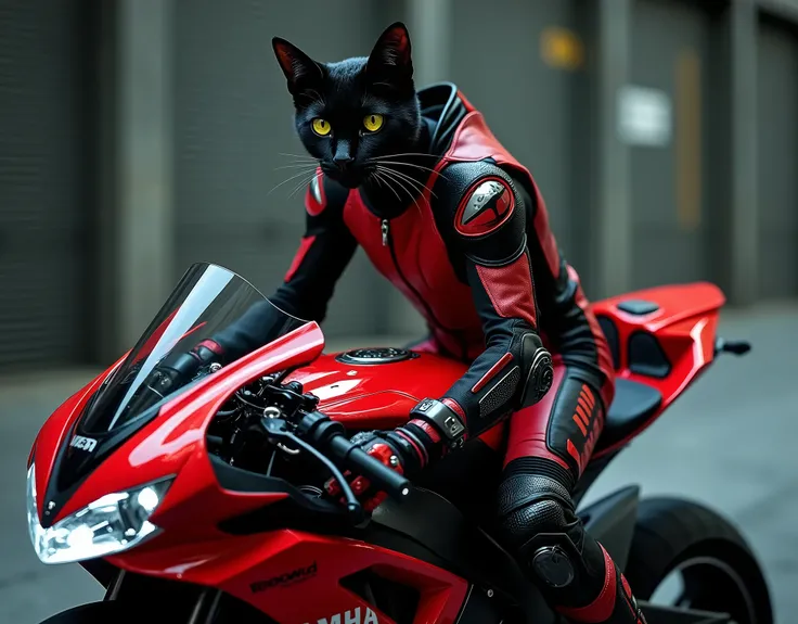 (((Black cat with gold eyes))), riding a 2024 Yamaha YZF-R1M Carbon Fiber, (((red and black cyberpunk motorcycle racing leathers))), ((close up)), high quality photography, 3 point lighting, flash with softbox, Canon EOS R3, HDR, smooth, sharp focus, high-...