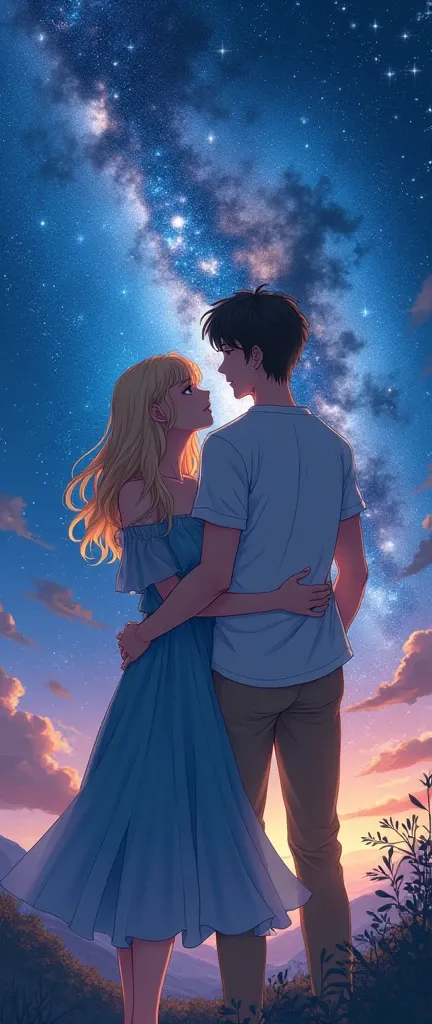 Anime girl who loves astronomy, 30 years old, lovely blonde hair , with the milky way in the sky , and boyfriend