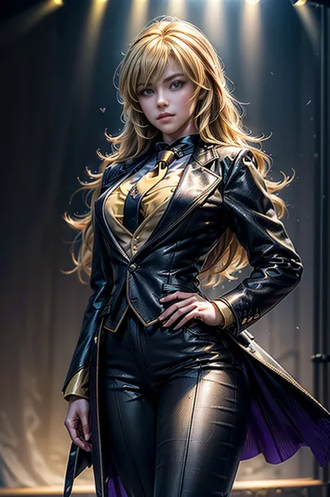 masterpiece,best quality,1girl,yang xiao long,ahoge,blonde hair, ahoge, purple eyes,large breasts,(formal,tuxedo,black coat,black pants,yellow necktie),light smile,standing,cowboy shot, in theater, stage, audience, crowd, (masterpiece,stunning girlfriend, ...