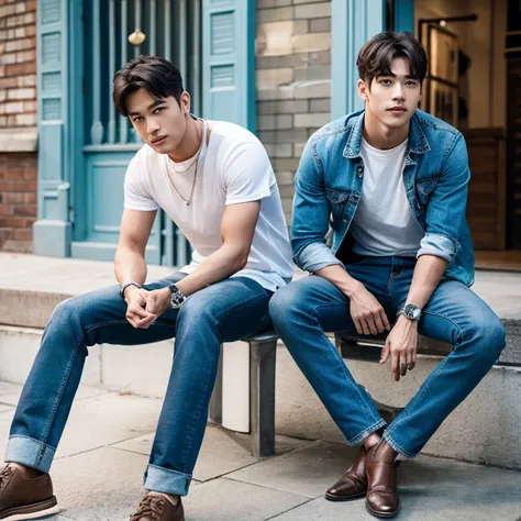 One hot mascular men sitting on chair wearing tight light blue jeans 