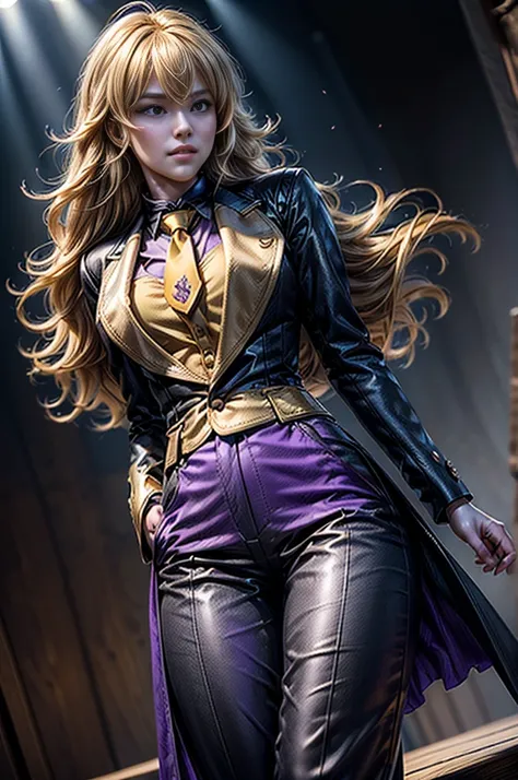 masterpiece,best quality,1girl,yang xiao long,ahoge,blonde hair, ahoge, purple eyes,large breasts,(formal,tuxedo,purple coat,black pants,yellow necktie),light smile,standing,cowboy shot, in theater, stage, audience, crowd, (masterpiece,stunning girlfriend,...