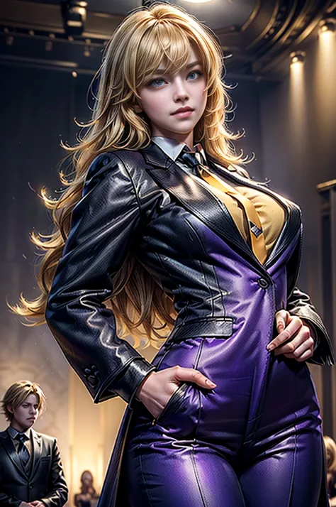 masterpiece,best quality,1girl,yang xiao long,ahoge,blonde hair, ahoge, purple eyes,large breasts,(formal,tuxedo,purple coat,black pants,yellow necktie),light smile,standing,cowboy shot, in theater, stage, audience, crowd, (masterpiece,stunning girlfriend,...