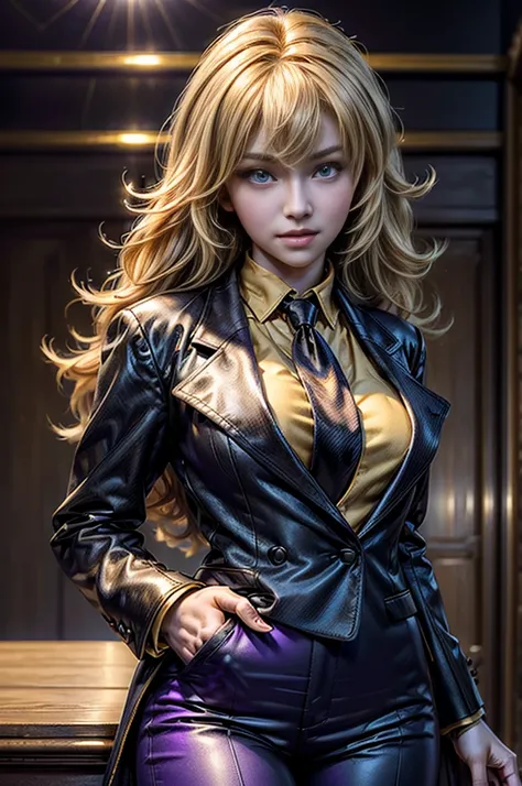 masterpiece,best quality,1girl,yang xiao long,ahoge,blonde hair, ahoge, purple eyes,large breasts,(formal,tuxedo,purple coat,black pants,yellow necktie),light smile,standing,cowboy shot, in theater, stage, audience, crowd, (masterpiece,stunning girlfriend,...