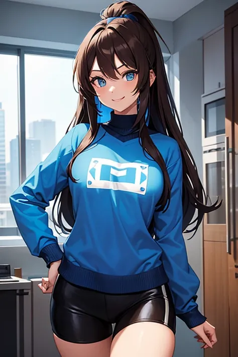 A 20 year old girl with long brown hair and a small part of her hair is dyed blue in front of face. Her body is fit and toned, and she is wearing clothes that look like megaman zero but in blue. She is very attractive and charming with a smile on her face.