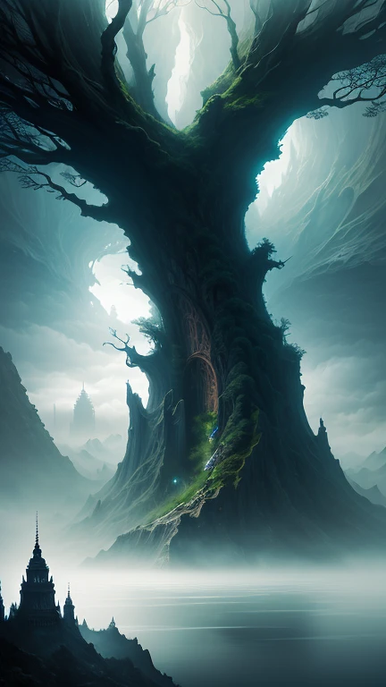 a very giant ancient tree getting lost in the clouds, towering surrounded by a city, sea of black water in the background, view from above, dramatic lighting, surreal landscape, gloomy and gloomy atmosphere, hyper detailed, photorealistic, cinematic compos...