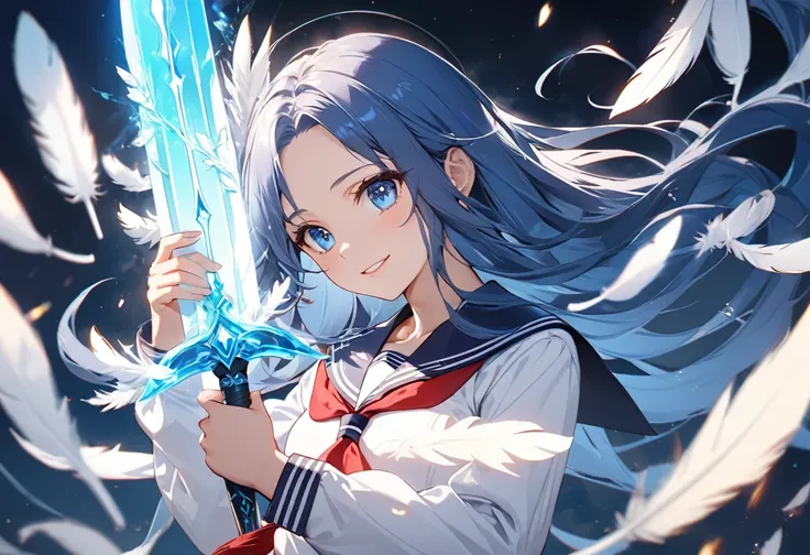 (delicate and beautiful), (profile:1.3, battle pose), (hand holding a very beautiful detailed very long divine Blade is glowing blue color), solo:2, (beautiful forehead) (best beautiful blue hair long hair) (best cute girl is 15 yo), (best cute blue eyes) ...