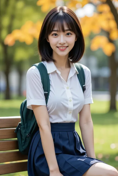 (masterpiece, Best Quality), One girl, Alone, ,View your audience, Young Japanese Woman, High school girl, Beauty, Super cute idol-like face, Big eyes with double eyelids, Beautiful slim figure like a model, Shiny black hair、With bangs、Slightly longer bob ...