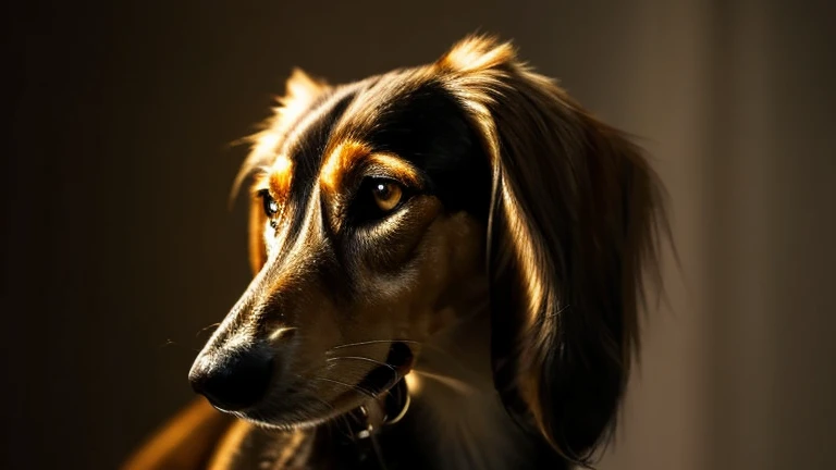 shy black and tan saluki, (epic, fantastic, dramatic lighting), (dramatic angle), perfect eyes, gold eyes, solo, dark background...