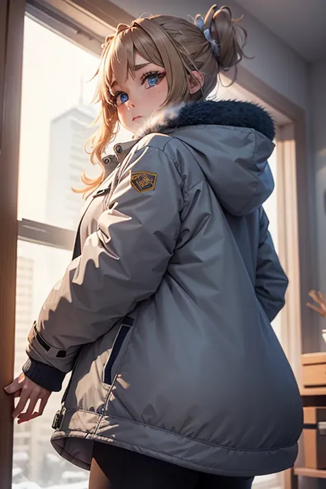 in oversized winter jacket