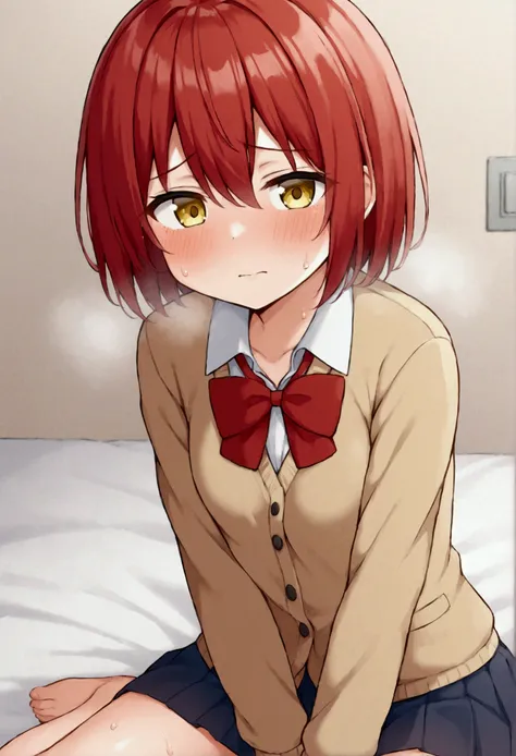 "red-haired girl with short hair and yellow eyes sitting on the bed in school uniform, looking uncomfortable with the heat, red hair, cute yellow eyes, open school clothes. sweat. anime style image"