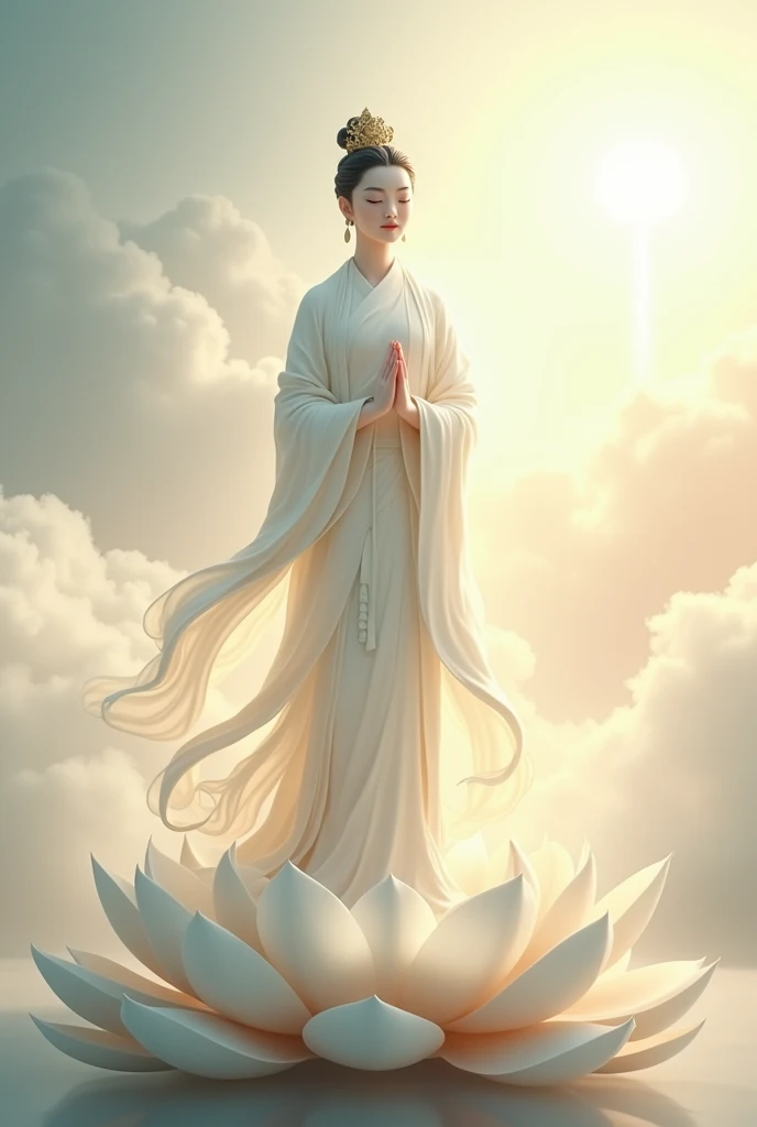 Goddess of Mercy Guanyin stands on a white lotus, beautiful white, amidst beautiful clouds, with sunlight shining behind, realistic 3D 8k image.