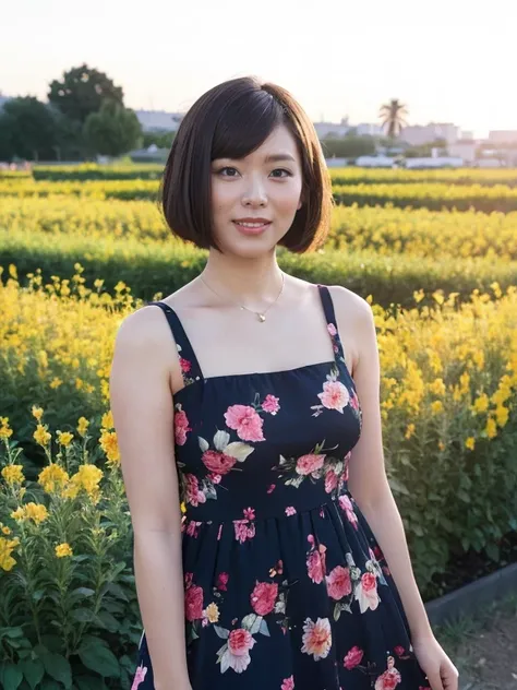 Best Quality, 8k,High resolution,High-quality photos、smile,(looking at viewer), solo, Beautiful woman,  Bobcut,Thin floral dress, In the flower field、Sunset,Pearl Jewelry