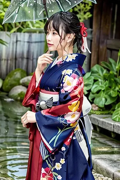 1 person、real、wet、hakama、japanese、kimono、women、、long-sleeved kimono、long hakama、soaking wet、hakama、whole body、tabi、hakama with w...