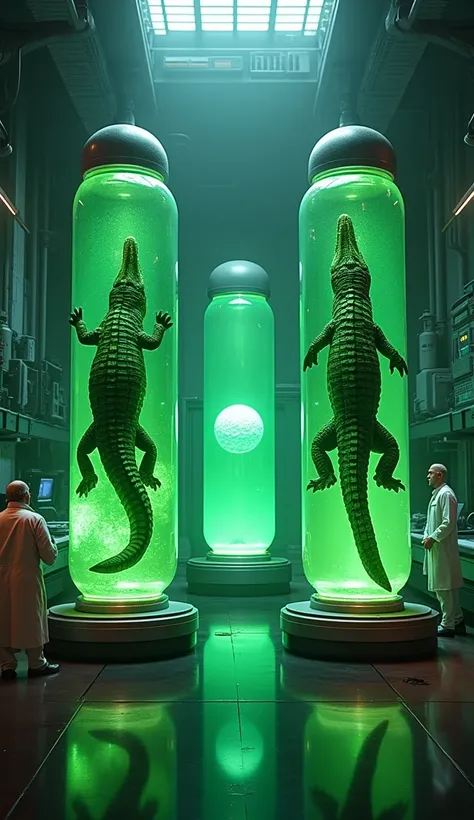 A near-future laboratory scene featuring three massive capsules filled with glowing green liquid, facing each other. The left capsule contains a crocodile and the right capsule contains a crocodile, both in their natural forms, floating inside the capsules...