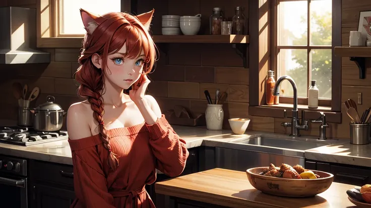 (high resolution, upper body, soft skin:1.2),(best illustration,masterpiece:1.2),ultra-detailed,[(cat ears , red inside:1.2, red braided hair, blue cat eyes),vivid colors,sharp focus, yellow off the shoulder sweater dress, kitchen background,  low lighting...