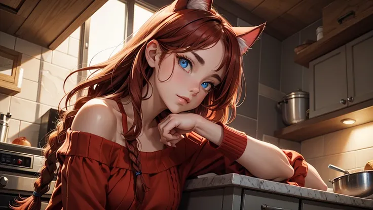 (high resolution, upper body, soft skin:1.2),(best illustration,masterpiece:1.2),ultra-detailed,[(cat ears , red inside:1.2, red braided hair, blue cat eyes),vivid colors,sharp focus, yellow off the shoulder sweater dress, kitchen background,  low lighting...