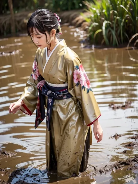 Realistic, furisode, hakama, nagahakama, floral clothes, wet clothes, soaking wet clothes, wet and shiny clothes, clothes with a wet texture, clothes that stick to the body, clothes stained with mud, clothes covered in mud, sinking in muddy water, immersed...