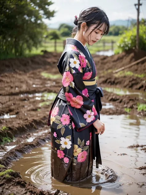 Realistic, furisode, hakama, nagahakama, floral clothes, wet clothes, soaking wet clothes, wet and shiny clothes, clothes with a wet texture, clothes that stick to the body, clothes stained with mud, clothes covered in mud, sinking in muddy water, immersed...