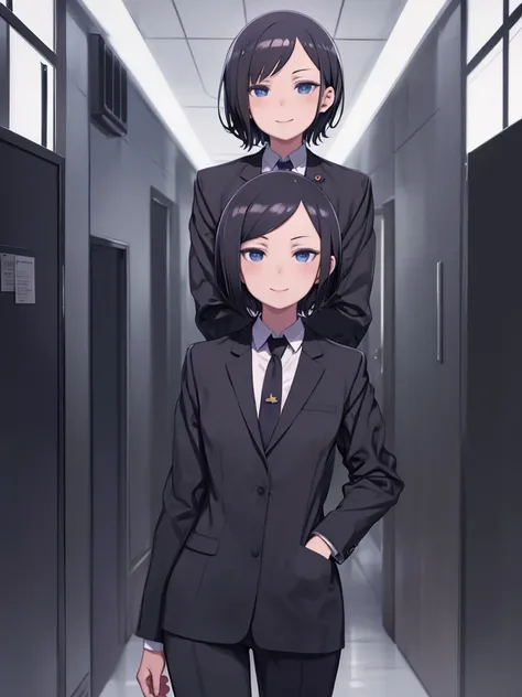 woman, Alone, close, Black business suit, short hair, Black Hair, Dark blue eyes, night, A luxurious government office, indoor, Ominous Smile, politician, , Blue tie, White shirt, Yandere