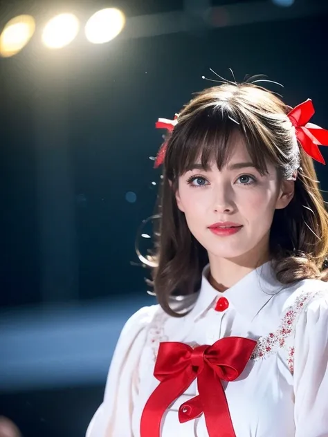 (Very delicate and beautiful: 1.2), One Girl, bangs, blue eyes, Blur, Blur backgroun, bow, Brown Hair,Hair bow, lanthanum, Particles of light, Long sleeve, Looking at the audience, Medium Hair, night, Red ribbon, Alone, star(symbol), Upper body smile, Red ...